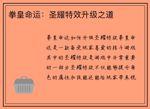 拳皇命运：圣耀特效升级之道